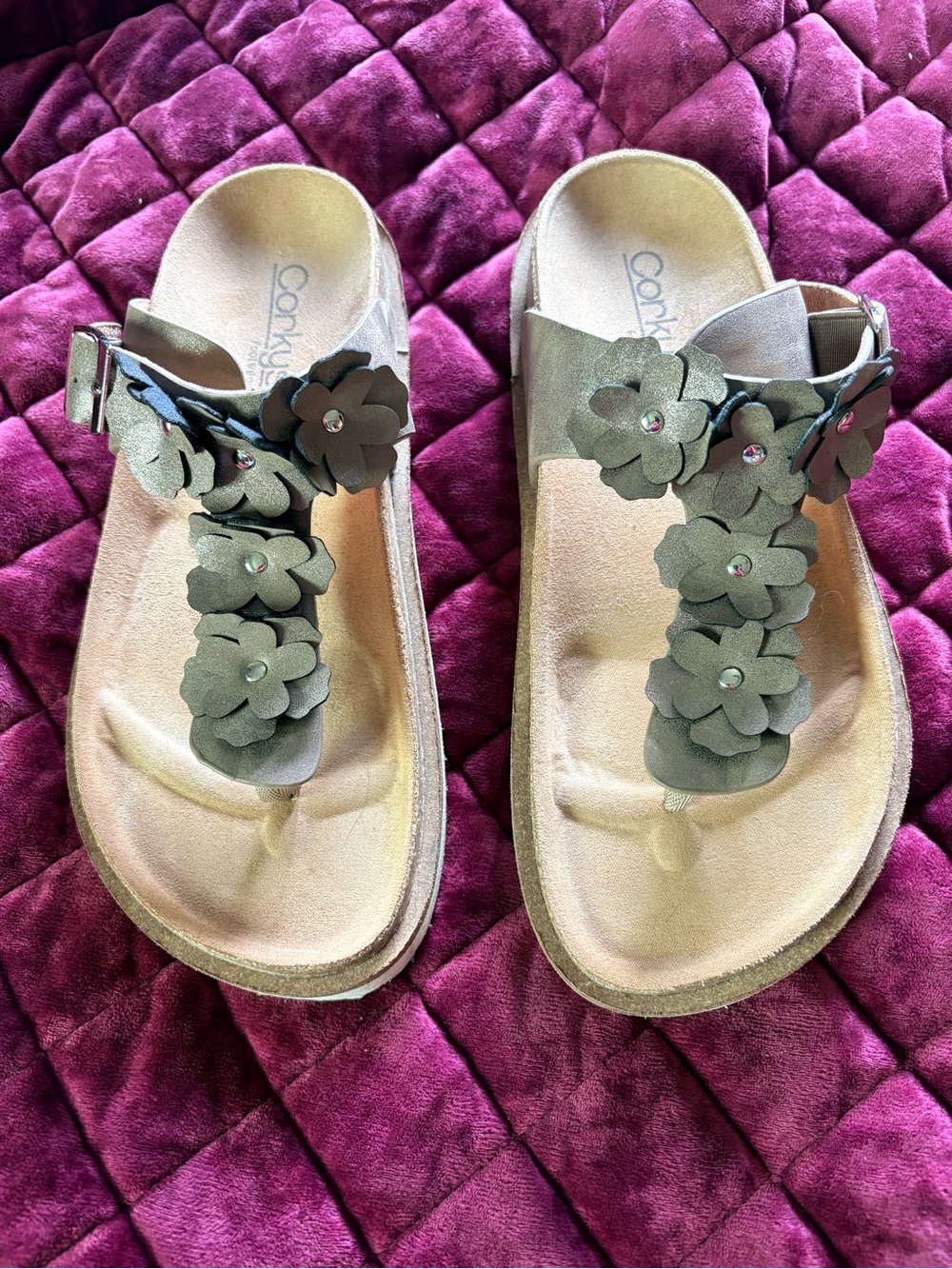 Corkys Olive Green Floral T-Strap Sandals